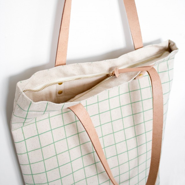 Tote Bag with Leather Straps - Mint Green Grid | Qrator