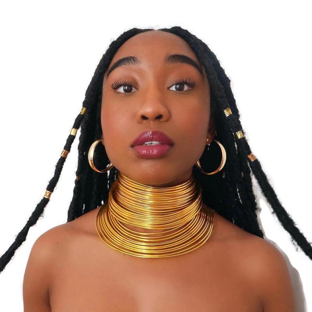Gold African Queen, Full Neck Tribal Collars, Metallic Nedbele Warrior